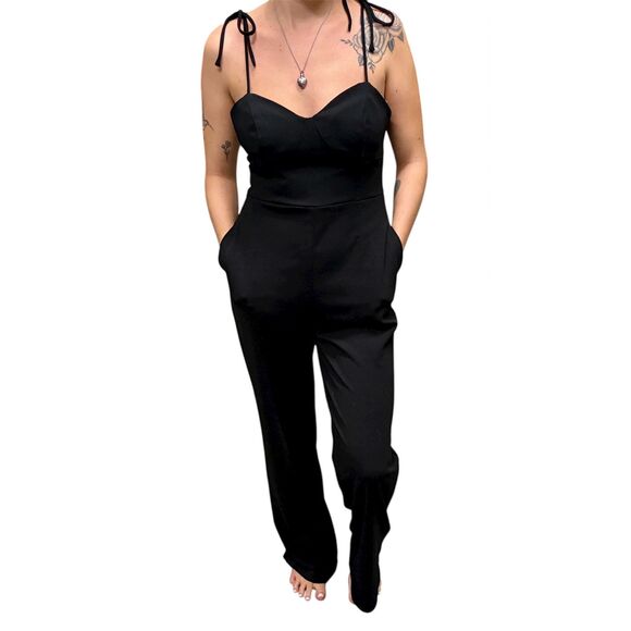 Crystal Sky SZ M Black Shoulder Tie-Strap Wide Leg Jumpsuit - Picture 7 of 8